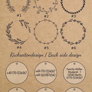 May include: Six different designs for pet ID tags. The designs include wreaths, hearts, and flowers. The back side of the tags show different text options, including phone numbers, "I'm microchipped", and "I'm lost! Please call".