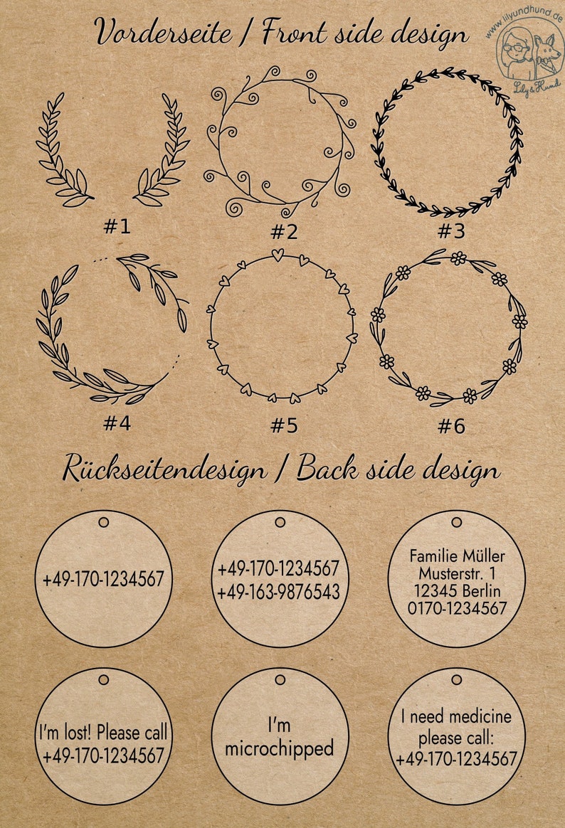 May include: Six different designs for pet ID tags. The designs include wreaths, hearts, and flowers. The back side of the tags show different text options, including phone numbers, "I'm microchipped", and "I'm lost! Please call".