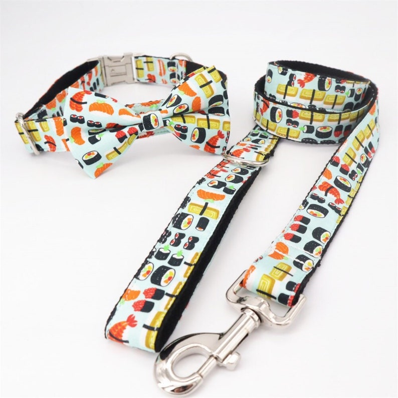 Sushi-Fan Design, personalisiertes Hundehalsband und Leinenset mit Fliege, kostenlose Gravur Name und Telefonnummer für Hunde/Katzen Bild 5
