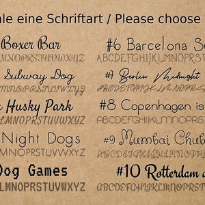 May include: A brown paper background with a list of 10 different fonts, each with a unique name and a sample of the alphabet in that font. The text at the top of the image says "Bitte w&auml;hle eine Schriftart / Please choose a font".