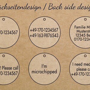 May include: Six round, white, paper tags with black text and a hole at the top. The tags have phone numbers and messages such as "I'm lost! Please call +49-170-1234567" and "I'm microchipped".