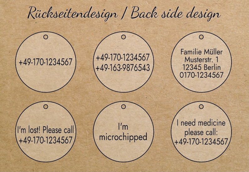 May include: Six round, white, paper tags with black text and a hole at the top. The tags have phone numbers and messages such as "I'm lost! Please call +49-170-1234567" and "I'm microchipped".