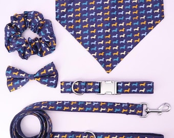 Dachshund Design /Personalized Dog Collar Bow Tie and Leash Set with Free Engraving Name and phone number on buckle small medium big dog cat