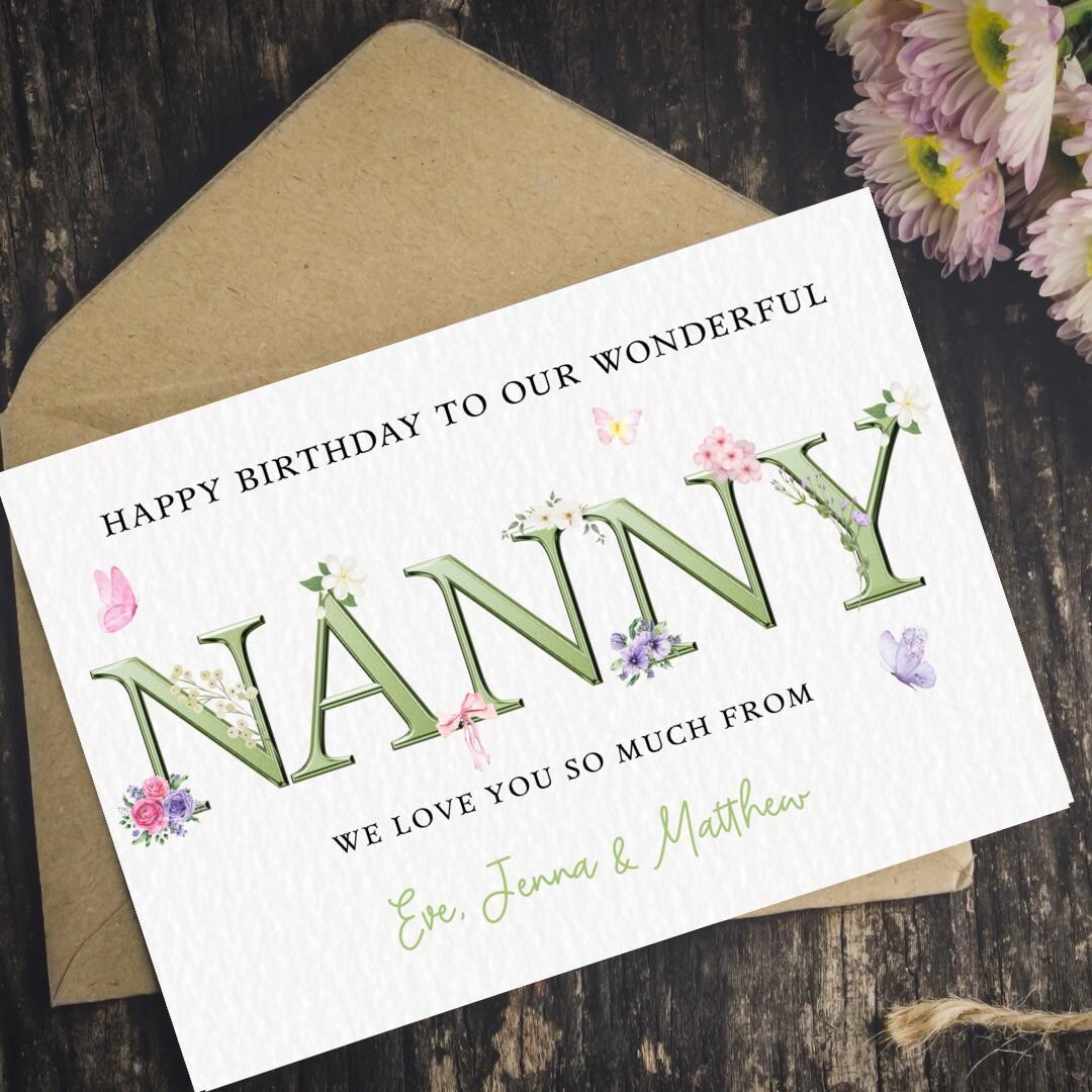 Nanny Lettering Personalised Nanny Birthday Card: Watercolour Flowers, Sage Green ...