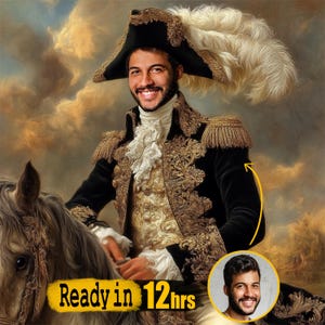 May include: A digital portrait of a person in a historical military uniform, riding a horse. The person wears a black coat with gold embroidery, a tricorn hat with a feather, and a white ruffled shirt. The image includes the text "Ready in 12hrs".