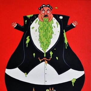 May include: A cartoon illustration of a man in a tuxedo, covered in green slime, with a shocked expression. He is standing in front of a table with a white tablecloth, covered in green slime, with plates and bottles on it. There are two buckets on the floor, also covered in green slime.