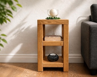 Solid Wood Nightstand with Shelves, Rustic Slim Side Table, Plant Stand, Small End Table  Handmade Bedroom Sofa Table