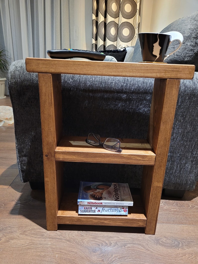 Rustic Wooden end with two shelves slim narrow side coffee table, various wax colours and sizes handmade afbeelding 4