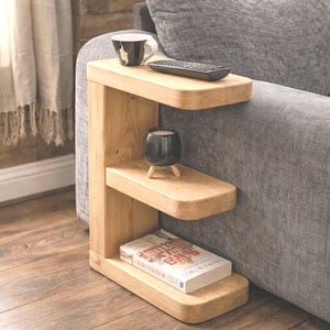 Handmade Rustic Side Table E Shaped Rounded Sofa Arm  Wooden Slim Coffee Table