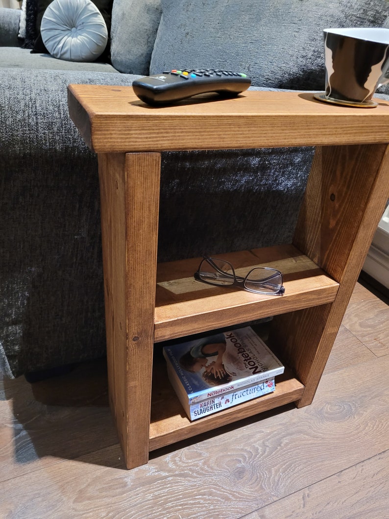 Rustic Wooden end with two shelves slim narrow side coffee table, various wax colours and sizes handmade afbeelding 5