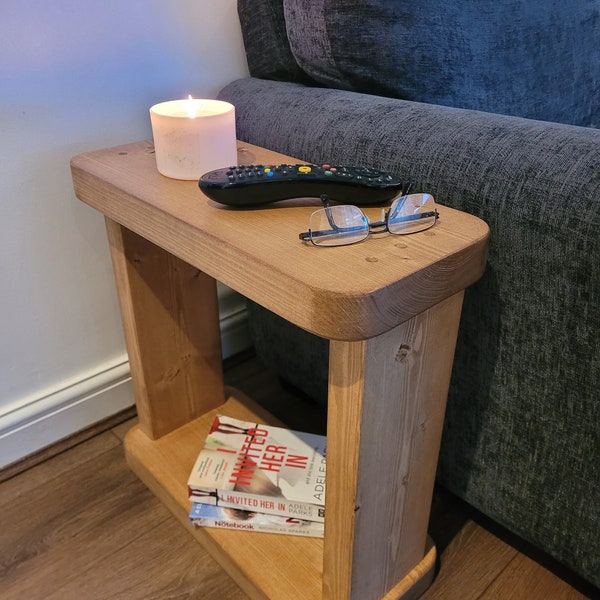 Wooden Rustic Solid Round corners 22 cm Coffee Sofa Side Narrow Table  Bookshelf various wax colours handmade