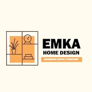 May include: Logo for EMKA Home Design, featuring a stylized illustration of a shelf with a plant, clock, and stacked items. The text reads "EMKA HOME DESIGN" with "HANDMADE RUSTIC FURNITURE" below.