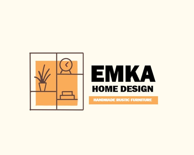 May include: Logo for EMKA Home Design, featuring a stylized illustration of a shelf with a plant, clock, and stacked items. The text reads "EMKA HOME DESIGN" with "HANDMADE RUSTIC FURNITURE" below.
