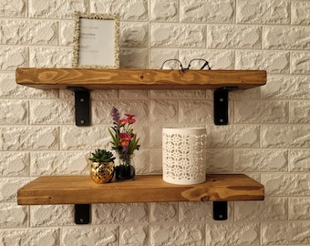 Rustic Style Solid Wood 12.5cm Shelf | complete with Raw Steel Brackets | Handcrafted