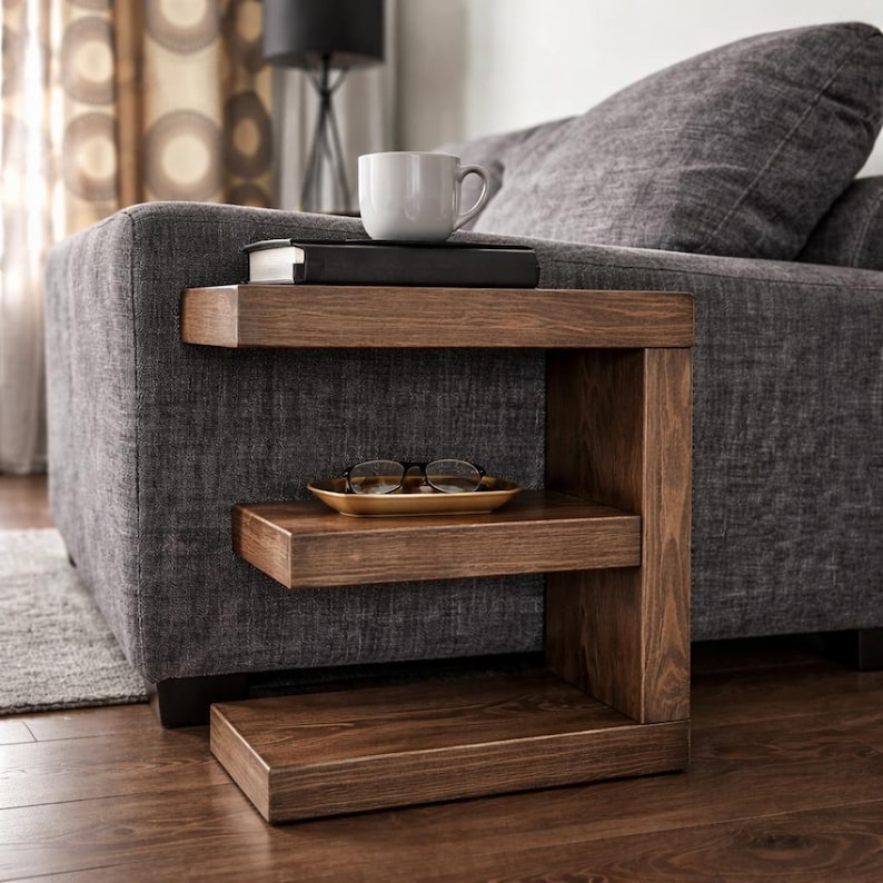 May include: A dark brown wooden side table with three shelves. A white mug and two books sit on the top shelf. A small, gold-colored tray with eyeglasses rests on the middle shelf. The table is next to a gray sofa.
