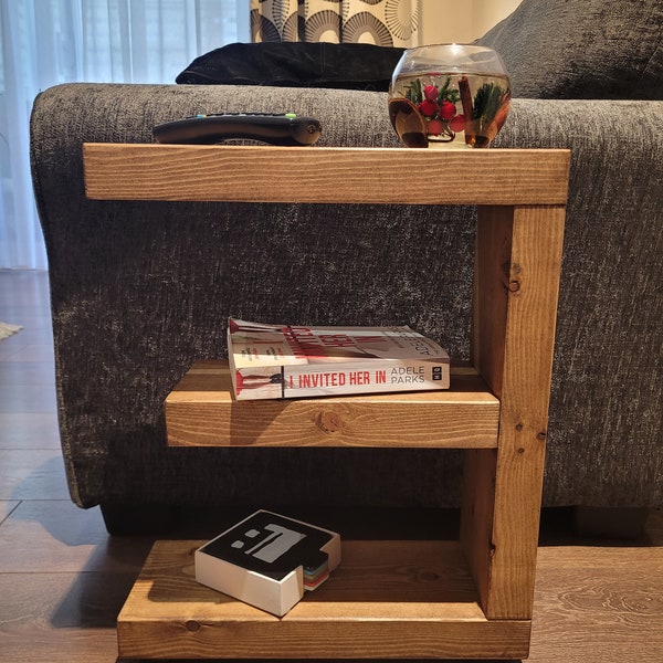 Rustic Side Wooden E SHAPE Coffee Slim Solid Narrow  Sofa waxed End Table various colours and sizes