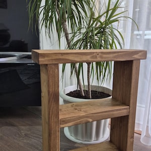 May include: A three-tiered wooden shelf unit with a warm brown finish. The shelves are supported by vertical side pieces, creating a simple, sturdy design. A potted plant with long green leaves is visible in the background.