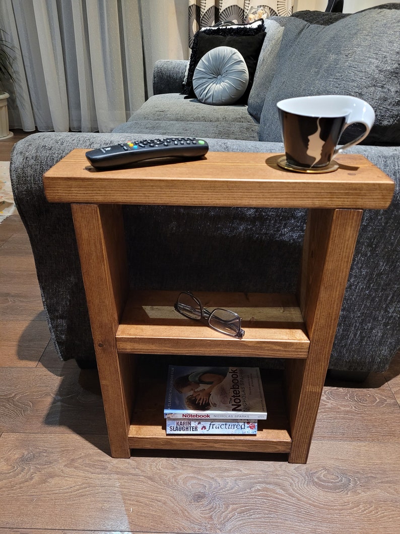 Rustic Wooden end with two shelves slim narrow side coffee table, various wax colours and sizes handmade afbeelding 3