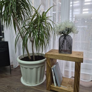 May include: A small, stained wooden side table with a lower shelf holds two books. A grey glass vase with white flowers sits on top. A large potted plant with long green leaves is to the left.