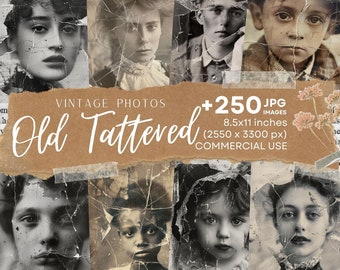 250 BIG Old Tattered Vintage Photos, Junk Journal Kit, Old damaged Photo, Vintage Digital Scrapbook Paper Kit, Junk Journal Printable