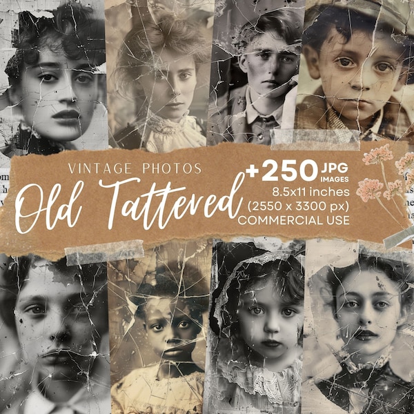 250 BIG Old Tattered Vintage Photos, Junk Journal Kit, Old damaged Photo, Vintage Digital Scrapbook Paper Kit, Junk Journal Printable