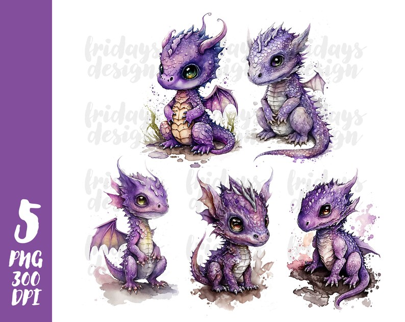 Watercolor Fantasy Purple Dragon Clipart Dragon PNG Digital - Etsy