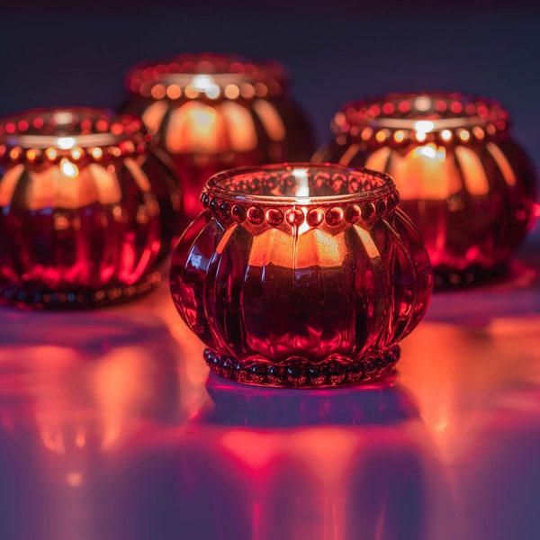Set of 4 Red Tealight Holders | Vintage Tealight Candle Holder | Glass Tealight Holder | Wedding Table Decor