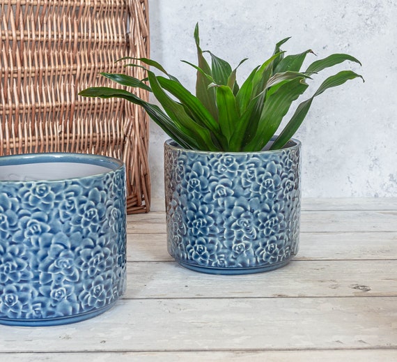 Ceramic Blue Planter Floral Glazed Plant Pot Blue Indoor Etsy