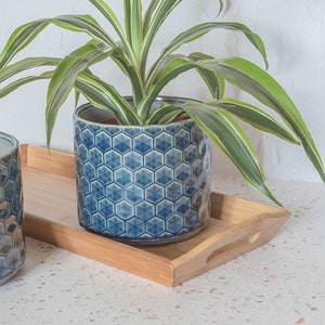 Ceramic Blue Planter, Glazed Plant Pot, Honeycomb Pattern Planter, Indoor Planter Pot Cover