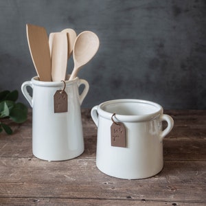White Ceramic Utensil Jar | Kitchen Utensil Holder | Jar with Handles | Rustic Utensil Pot | Scandi Pot with Ears