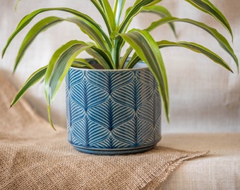 Ceramic Blue Planter | Glazed Plant Pot | Wavy Pattern Planter | Indoor Planter Pot Cover