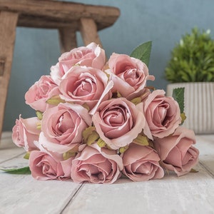 12 x Dusky Pink Silk Roses, Vintage Rose, Artificial Flowers, Rose Bouquet, Artificial Roses, Small Bouquet