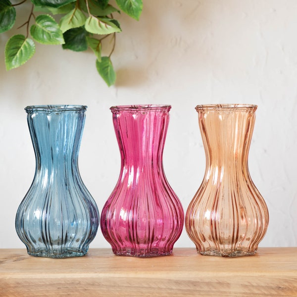 Coloured Glass Vases 21cm | Vintage Glass Vase | Rustic Vase | Ribbed Vase | Dried Flower Vase | Home Decoration | Homeware Gifts