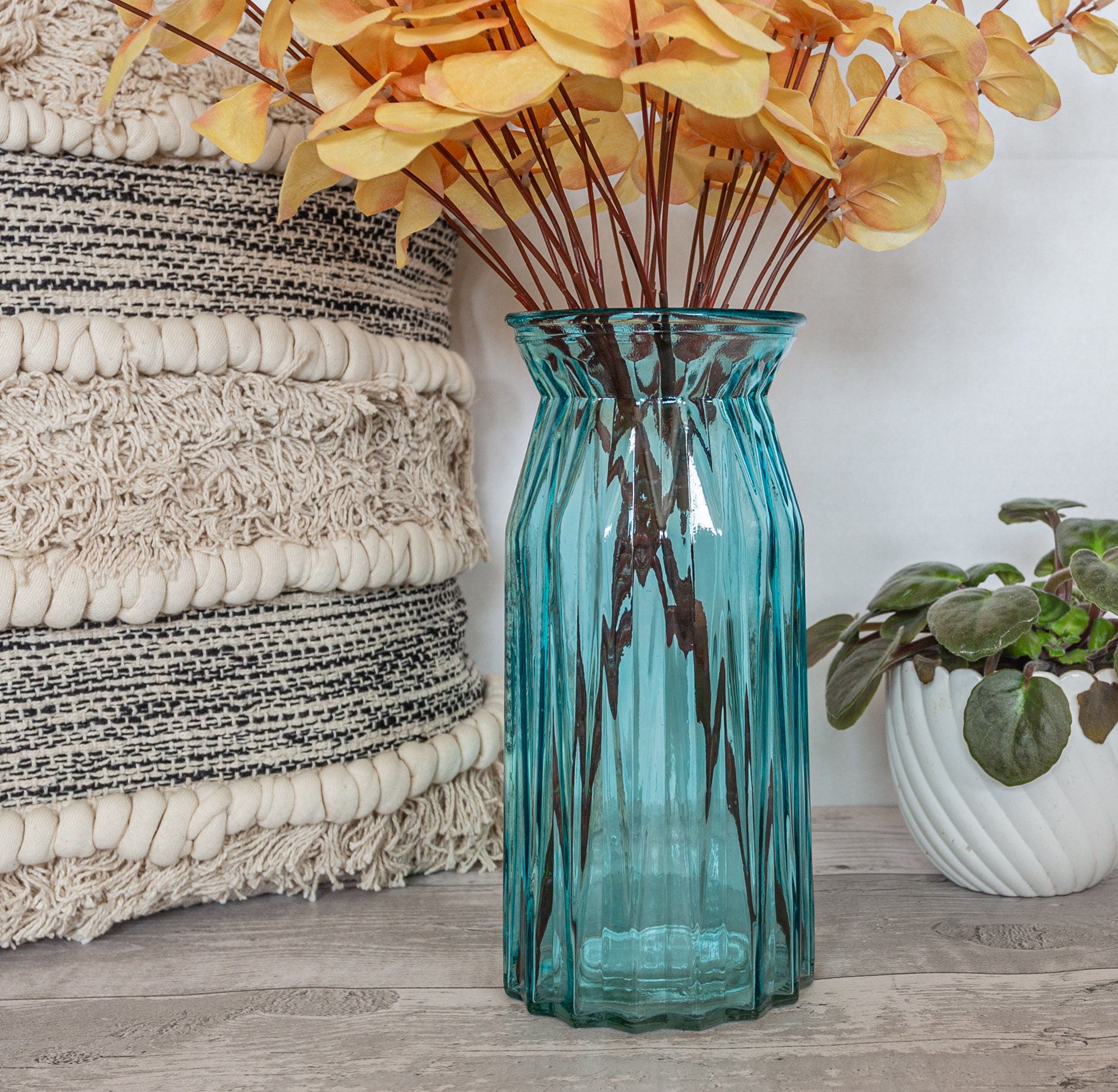 Large Blue Flower Vase 27cm, Glass Bottle Vase, Vintage Glass Vase, R…