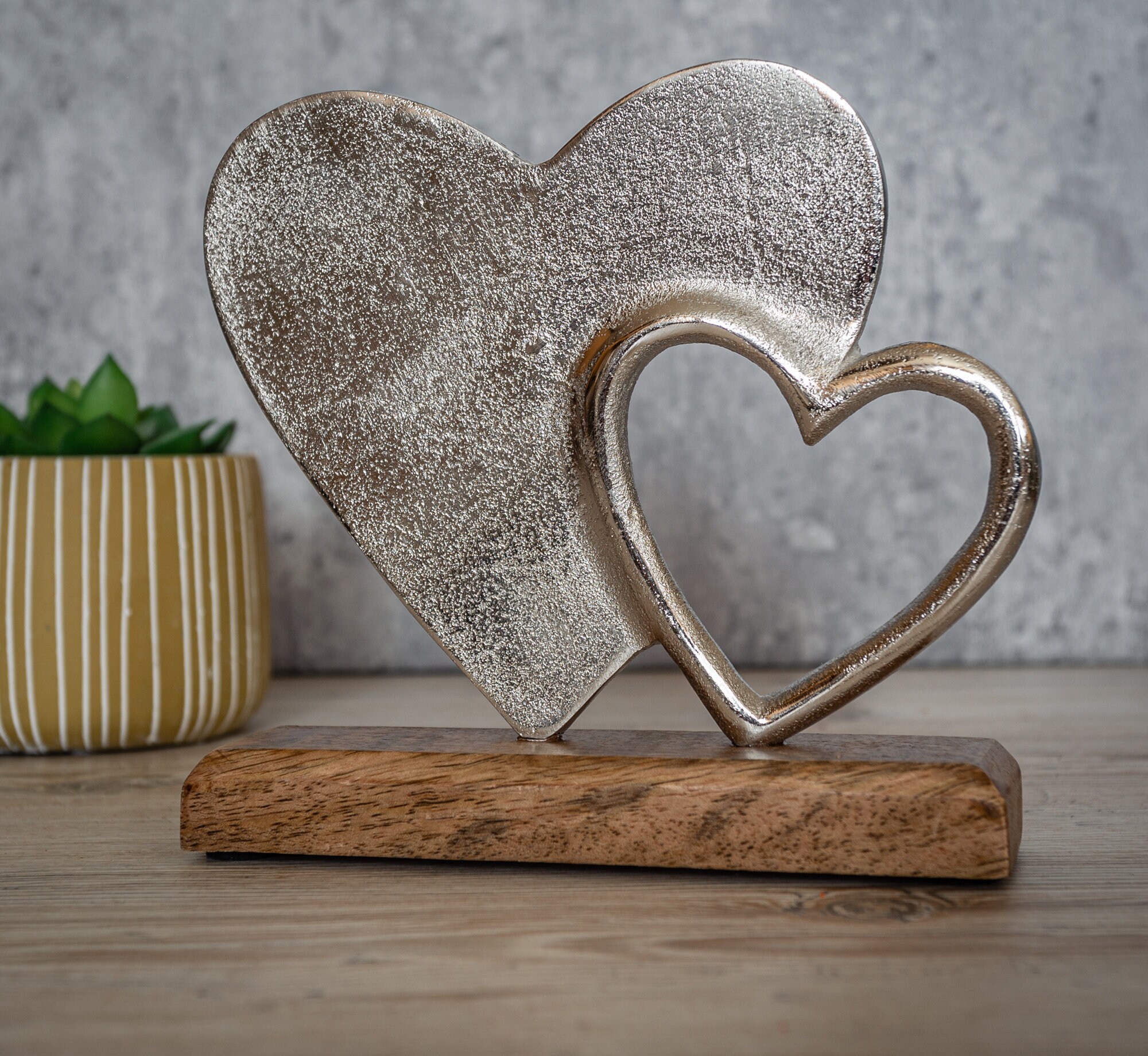 Silver Heart Sculpture on a Wooden Base Love Heart Ornament Etsy