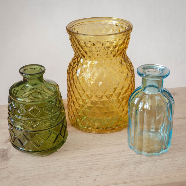 Set of Glass Coloured Vases | Bud Vase Set | Coloured Glass Bud Vases | Glass Bottle Vases | Small Glass Vases