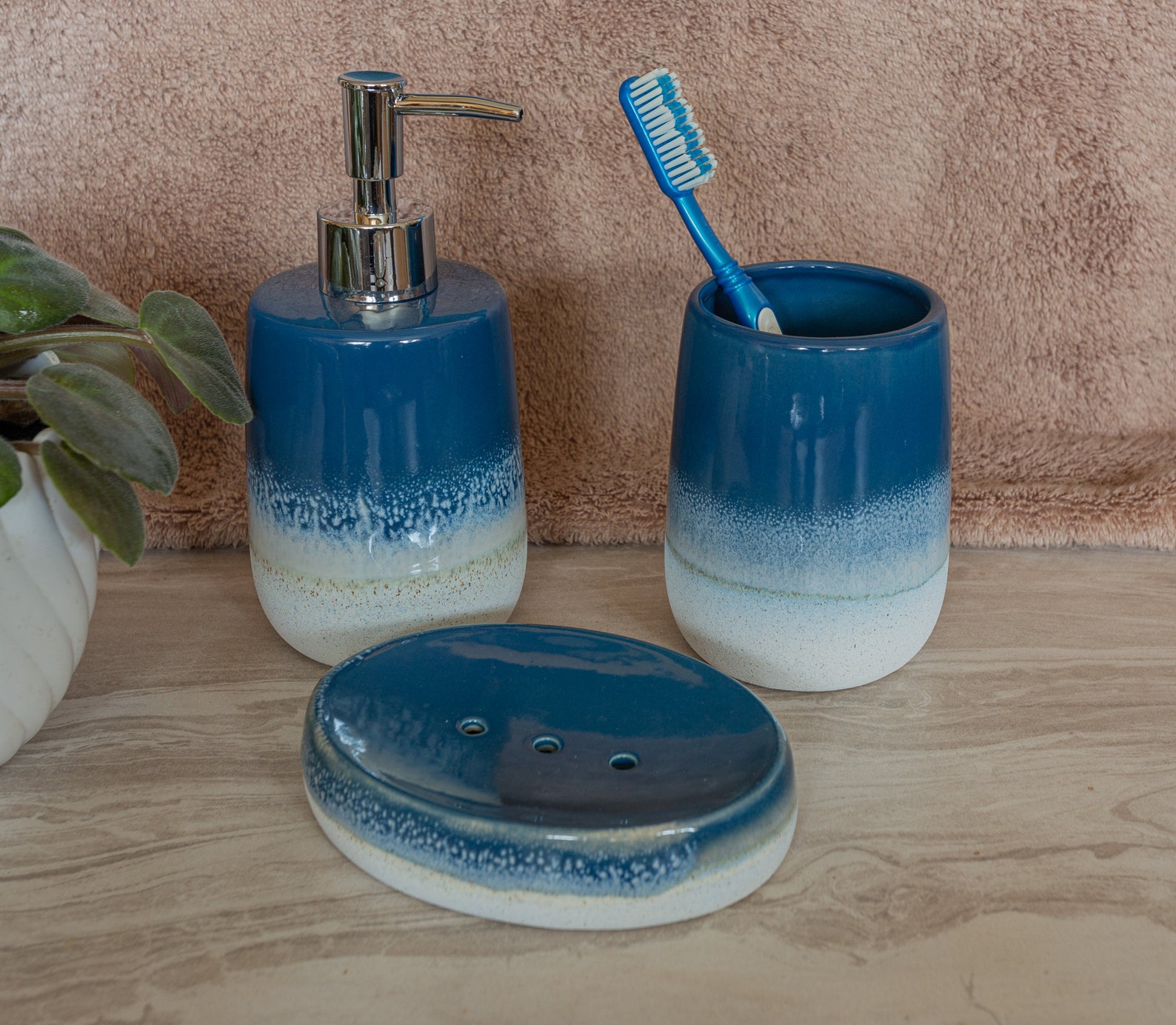 Blue Bathroom Set Retro Blue Ceramic Soap Dispenser Tumbler Etsy