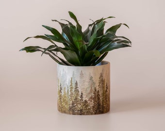 White Ceramic Planter | Forest Scene Planter | Ceramic Pot Planter | Indoor Planter