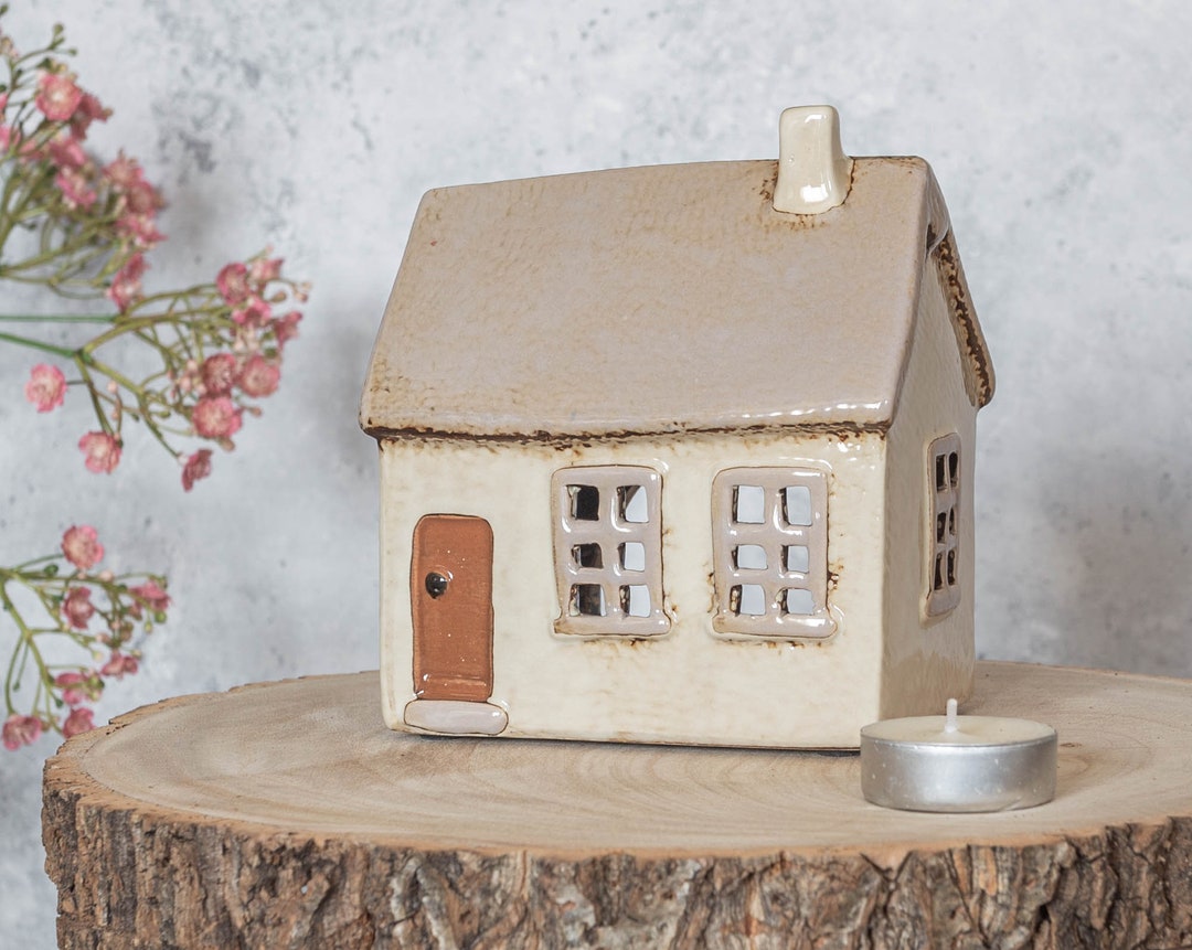Village Pottery Tea Light Holder, House Lantern Candle Holder, Tea