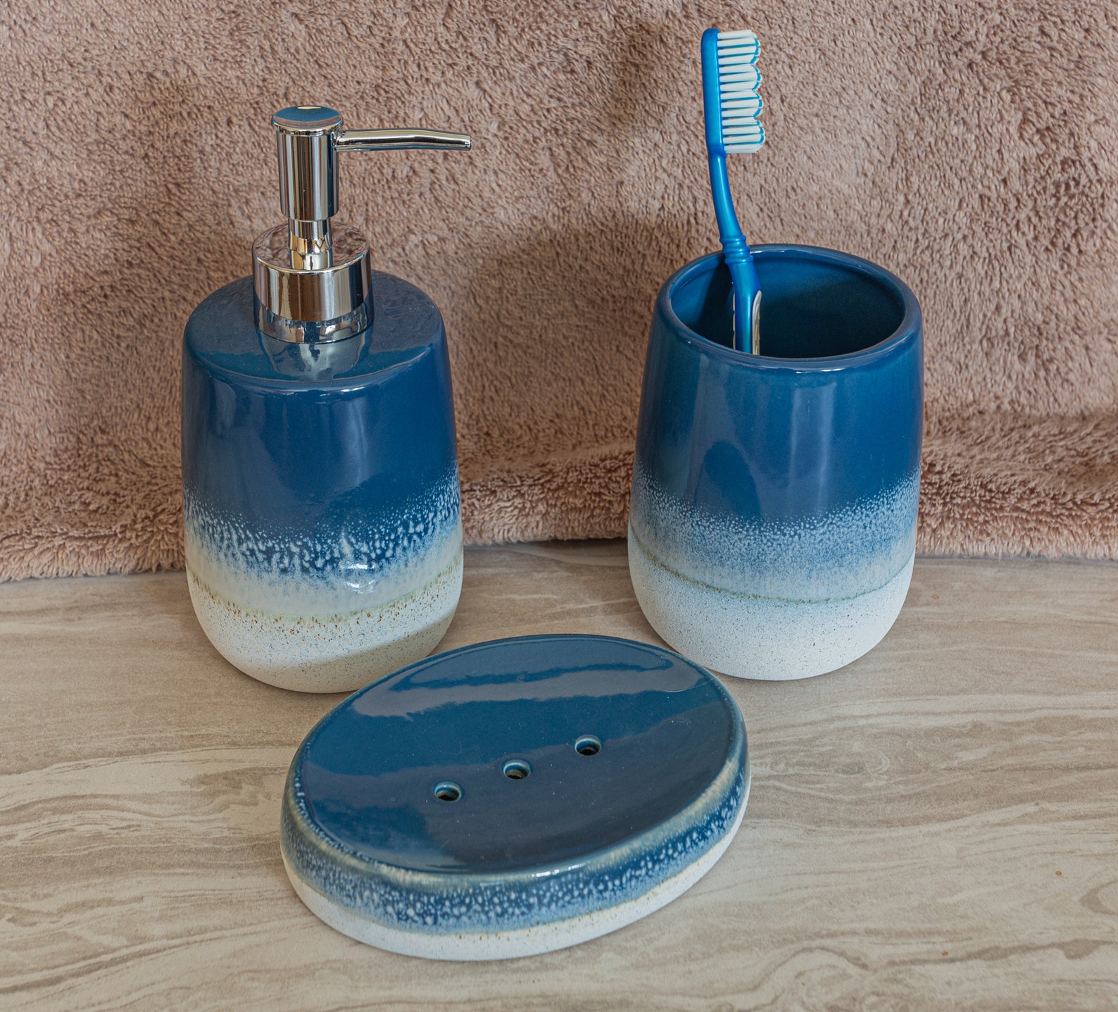Blue Bathroom Set Retro Blue Ceramic Soap Dispenser Tumbler Etsy