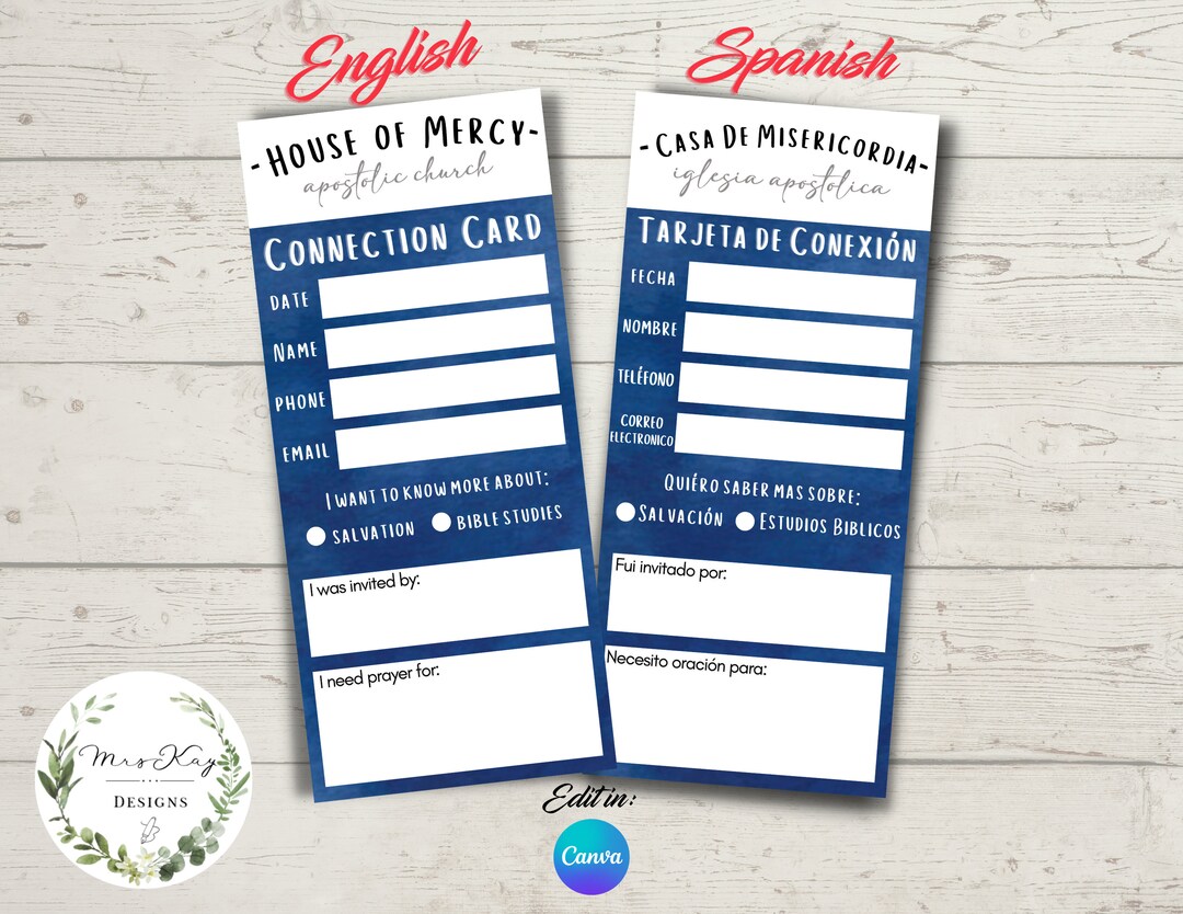 Connect Card Template, Visitor Connection Card, Bilingual, English & Spanish, Minimal, Modern Etsy
