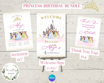 Princess Party Invitation, Princess Birthday, Girl's Birthday, Digital, Printable, Editable, Birthday Bundle