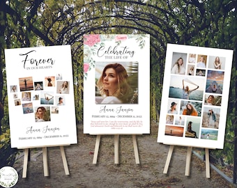 Ensemble de 3 affiches funéraires modifiables, modèle de collage, collage de photos funéraires pour femme, célébration de la vie, affiche commémorative sur chevalet