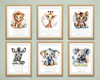 Christian Nursery Decor with Bible Verses, Watercolor, Jungle Safari, Gender Neutral