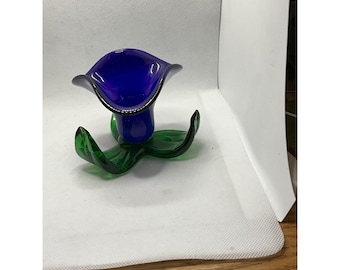 Cornflower Blue Tulip w/Green Leaves Art Glass Votive Holder