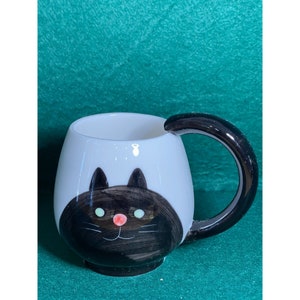 Vintage BLACK & WHITE Ceramic  Cat Mug with  Black Tail Handle