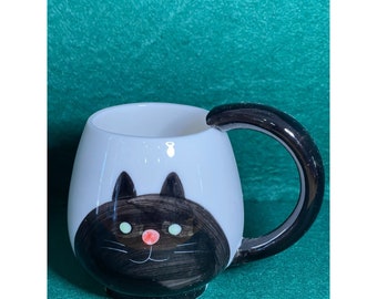 Vintage BLACK & WHITE Ceramic  Cat Mug with  Black Tail Handle
