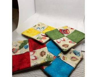 Handmade Quilted Coastal Coasters - Set Of 4 - Multi-Color Patchwork - Home Decor