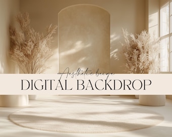 May include: A digital backdrop featuring a beige room with two large, fluffy plants on either side of a rounded archway. The archway is made of a textured beige material. The room has a white rug in the centre and a window with white trim on the right side. The text "Aesthetic Beige DIGITAL BACKDROP" is displayed across the bottom of the image.