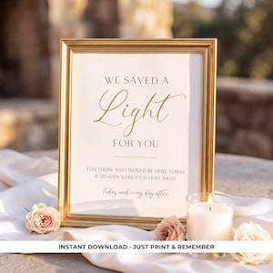 May include: A gold-toned picture frame containing a white sign with black and gold text that reads: WE SAVED A Light FOR YOU. FOR THOSE WHO WOULD BE HERE TODAY IF HEAVEN WEREN'T SO FAR AWAY. Today and every day after. Three roses are placed nearby.